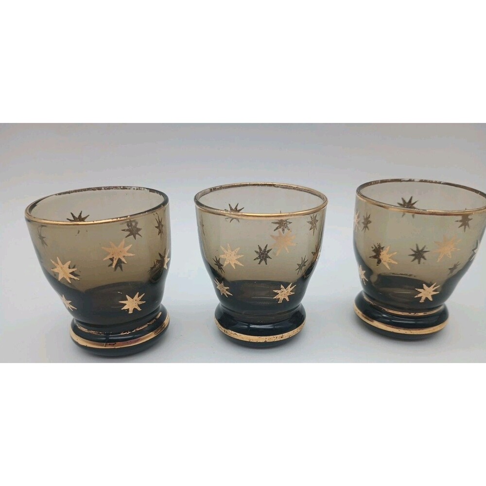 6 Vtg Cordial Glasses Brown With Gold Atomic Stars Smokey - Picture 5 of 7